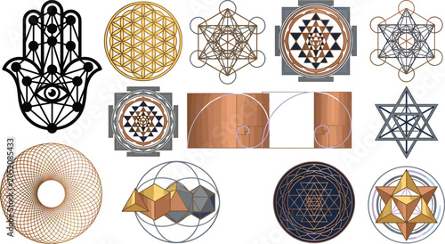 Vászonkép Sacred Geometry Symbol Collection with Metatron Cube, Sri Yantra, Hamsa Hand, Fl