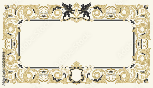 Luxury vintage baroque frame with gold ornamental patterns and black heraldic griffins isolated on light background.