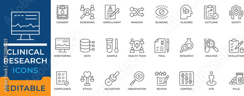 Obraz na plátně Clinical Research Trial Placebo Screening Medical Ethics Icon Set - editable vectors for healthcare study, laboratory experiment, and scientific analysis