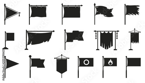Collection of classic medieval flag and banner black silhouettes on poles isolated on a white background.