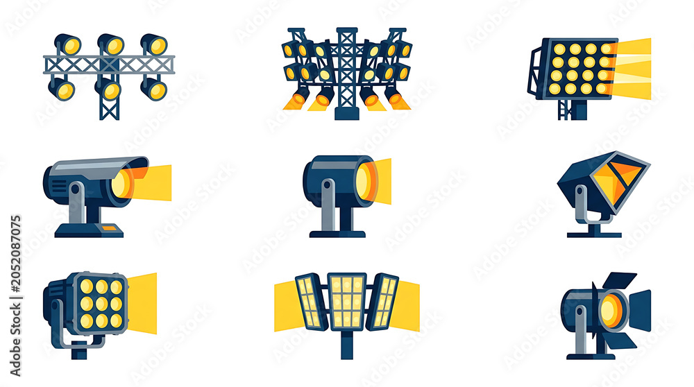 Fototapeta premium Professional Stadium and Stage Lighting Equipment Illustration Set