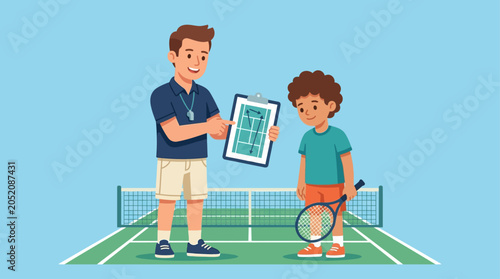 This flat design vector illustration shows a tennis coach providing instructions to a young, aspiring athlete, using a court diagram on a clipboard.