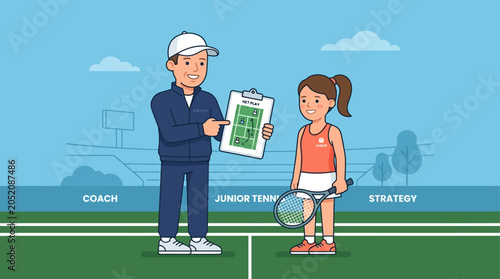 This flat design vector illustration shows a tennis coach providing instructions to a young, aspiring athlete, using a court diagram on a clipboard.