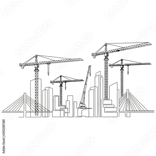 Abstract Cityscape with Cranes and Bridge Illustration