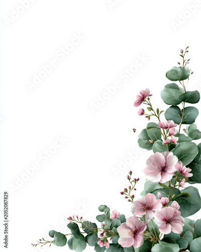 Delicate flower eucalyptus floral corner white background romantic