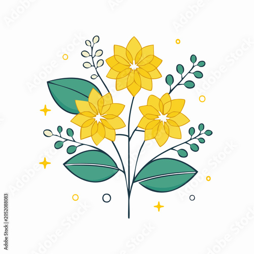 Stylized Yellow Flowers with Green Leaves and Stars