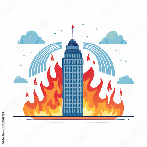 Skyscraper on Fire with Rainbow and Clouds