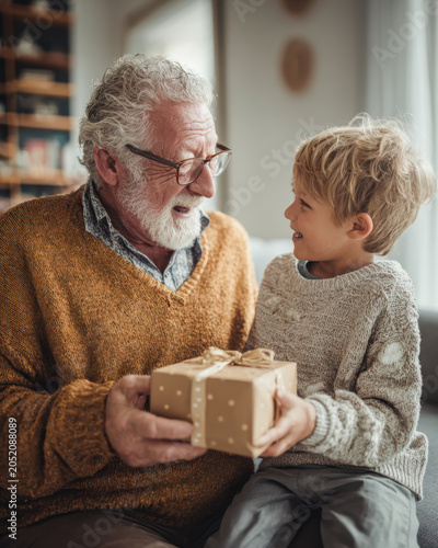 Grandfather grandson family gift present living room holiday together happy sweater senior child boy smile bond love celebration birthday surprise