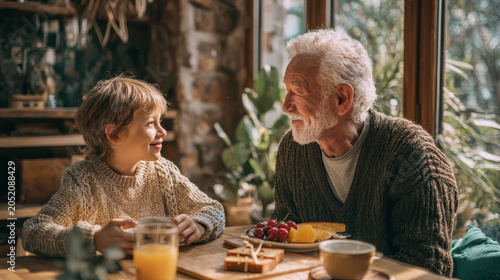 Grandfather grandson family breakfast morning light rustic kitchen together smiling child senior man enjoying warm family breakfast together