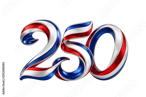 Ornate 3D red, white, and blue number 250 with metallic curves