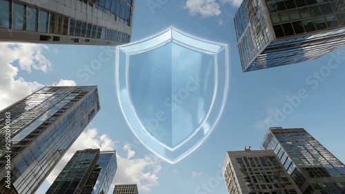 Cybersecurity Shield Icon Above Modern City Buildings for Digital Protection Concept