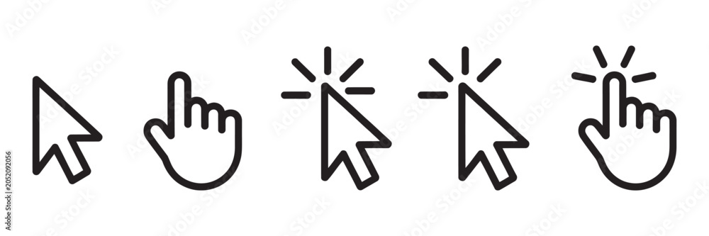 Foto Mouse Cursor Click and Loading Icons Set, Black and White Pointer Symbols for UI