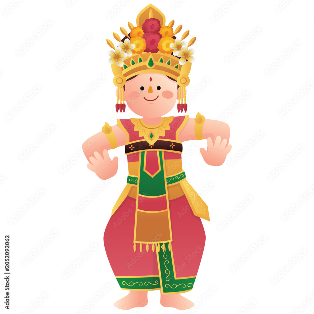Naklejka premium Tari Kecak Illustration, Illustration of a Balinese Kecak dancer wearing a floral headdress and colorful ceremonial costume.