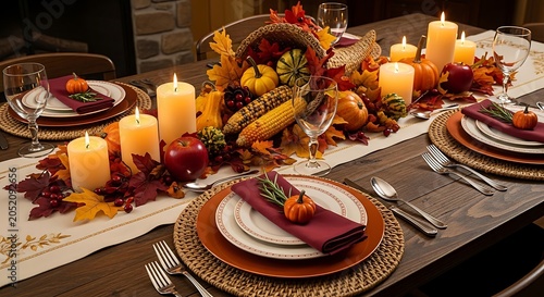 Thanksgiving table setting with cornucopia candles and autumnal decorations