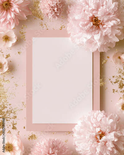 Pink flower frame, blank paper, pastel background, golden glitter sparkle, elegant minimal card