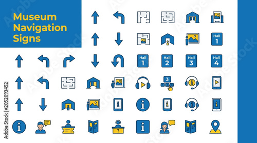 Collection of Museum Navigation and Information Signs, Including Directions, Exhibits, Amenities, and Assistance Icons