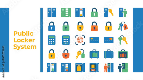 Public Locker System Icons for Secure Storage Solutions and Facility Management