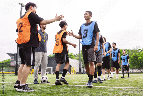 Soccer players shaking hands in a line to show sportsmanship and respect after a match. Teamwork and fair play concept in sports.