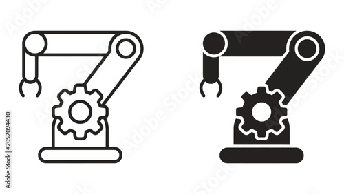 Fotografie Industrial robotic arm icon set featuring mechanical manufacturing tools in outl