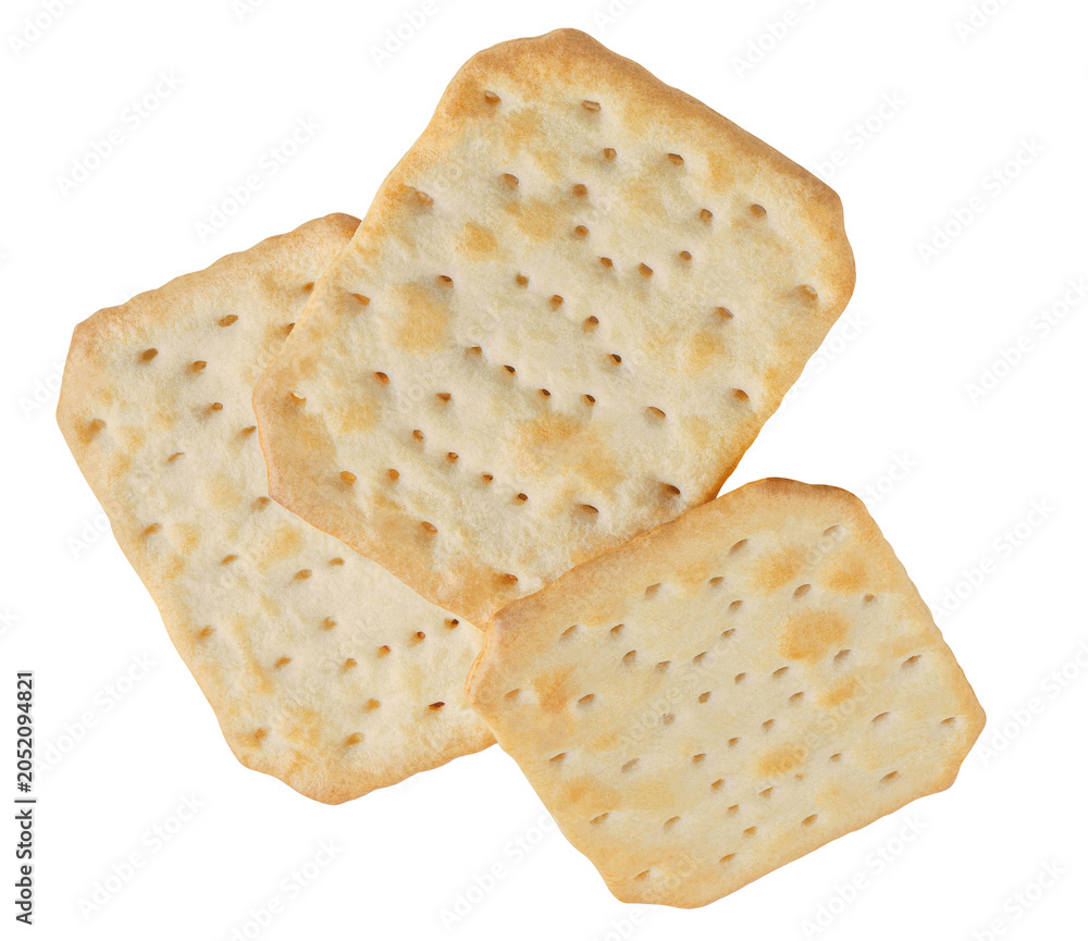 Fototapeta premium Crackers isolated on white. Falling Tasty dry crackers. Viewed from above.