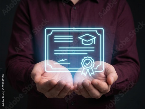 Man Holding Glowing Digital Holographic Diploma Certificate Icon for E-Learning