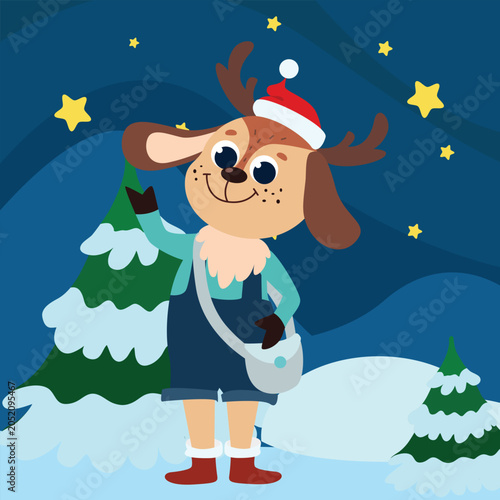 Cute cartoon deer character with santa hat in winter forest. Christmas children's illustration.