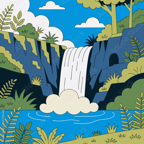 Beautiful Serene Waterfall Illustration With Soft Flowing Water And Calm Green Nature Environment Design