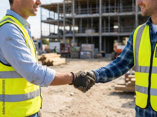 Construction Workers Shaking Hands on Building Site Agreement Teamwork