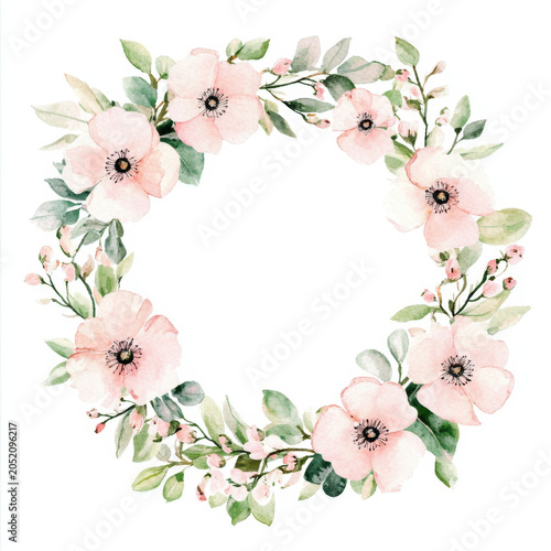 Floral wreath watercolor, pastel flower frame, botanical circle border, romantic design
