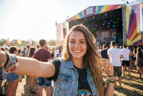 A smiling young woman takes a selfie with a crowd of people and a concert stage in the background at an outdoor festival, capturing a moment of youthful fun and vibrant energy.