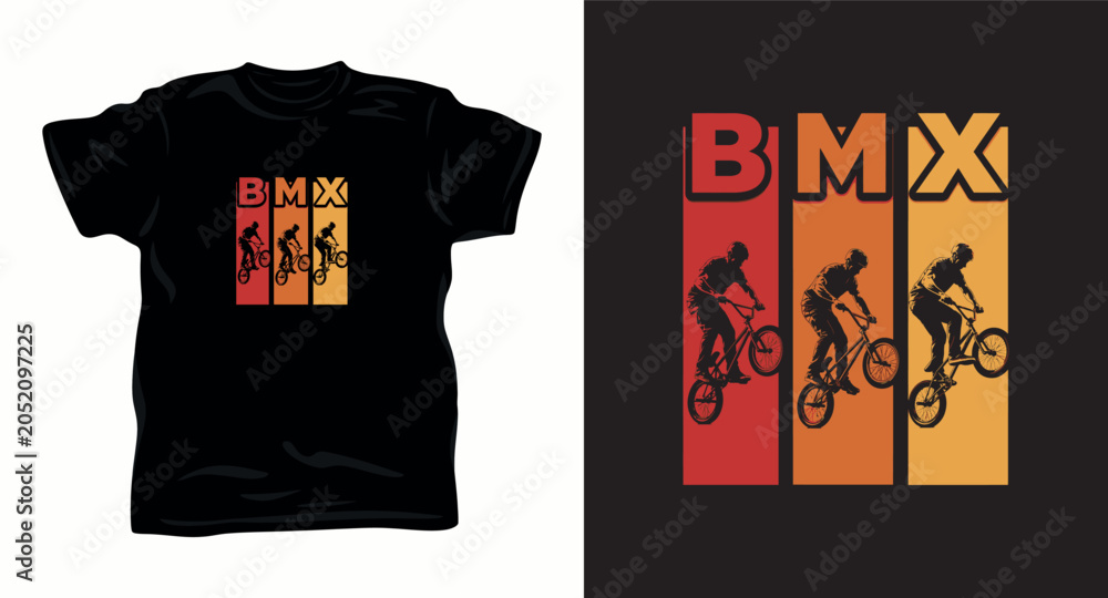 Fototapeta premium Retro bmx bike stunt t-shirt design with silhouette of rider jumping on vintage background.