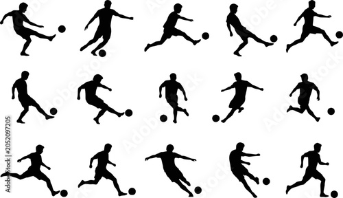 Bilde på lerret Soccer football player shooting ball kick silhouettes vector set isolated