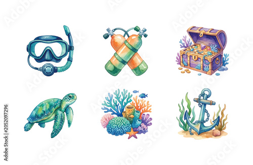 Watercolor scuba diving icons set underwater equipment elements vector illustrations