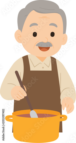 Grandfather cooking a soup