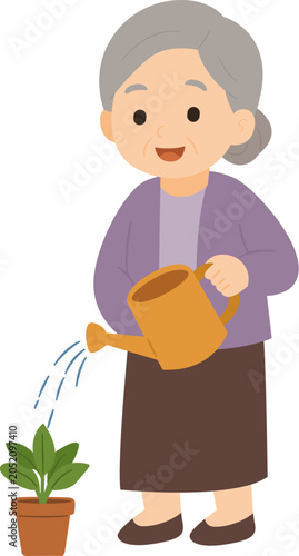 Grandmother watering a plant