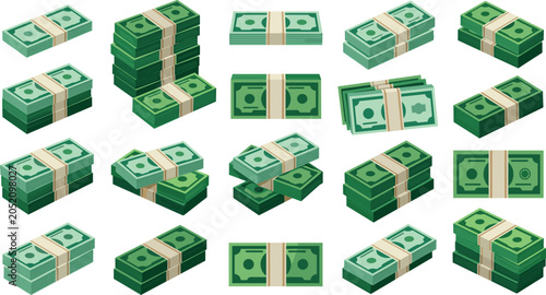 Obraz na plátně Money Bundles and Stacks of Cash Vector Set with Isometric Green Banknotes Paper