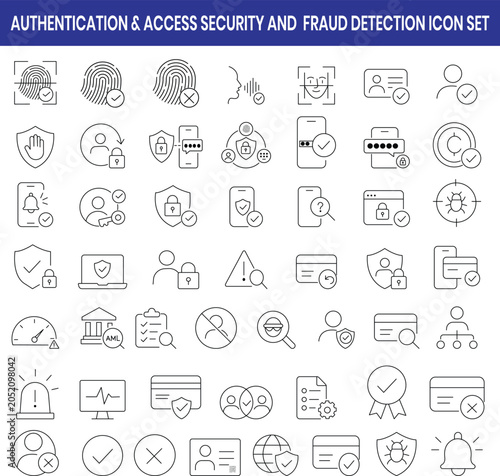 Authentication and Access Security Icon Pack for Fraud Detection, User Identity Verification, Biometric Login,