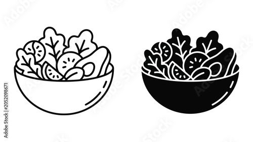 Healthy salad bowl icon set featuring fresh vegetables in outline and solid styles for nutrition and diet culinary applications isolated on white background
