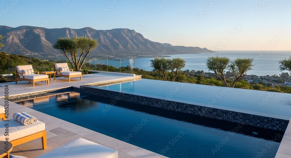 Fototapeta premium Luxury infinity pool overlooking the mediterranean sea and mountains at sunset in crete, greece
