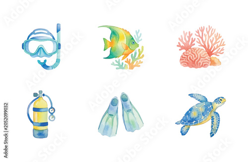 Watercolor scuba diving elements icons set isolated on white background