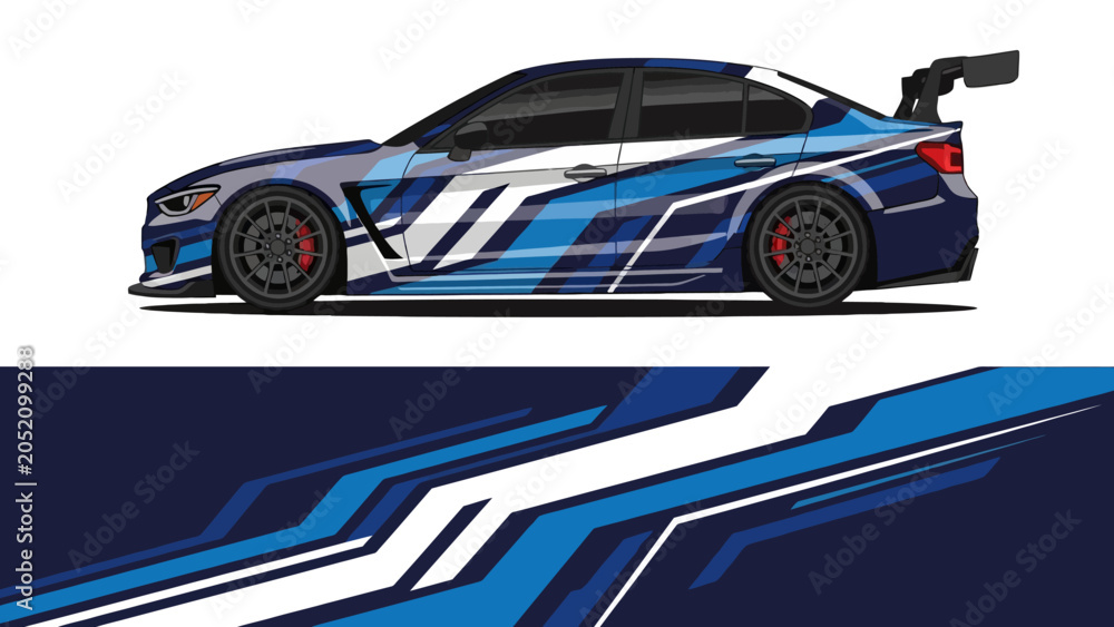 Obraz premium Side profile of a blue and white racing car with dynamic graphics.