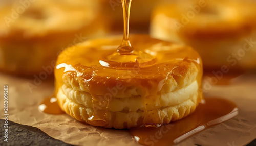 Delicious pastry being drizzled with caramel sauce sweetly