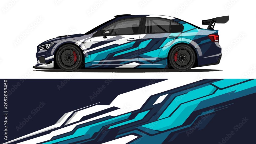 Naklejka premium Dynamic blue race car with graphic livery speeding along a vivid track design.