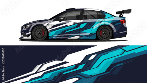 Tableau sur toile Dynamic blue race car with graphic livery speeding along a vivid track design