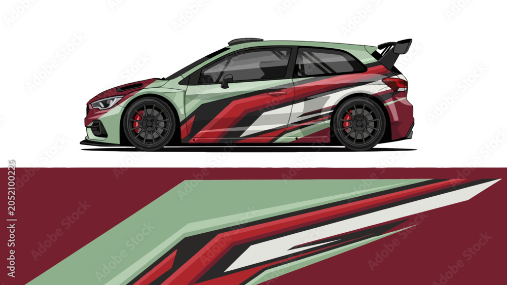 Obraz premium Sleek racing car with bold livery and dynamic side profile in motion.