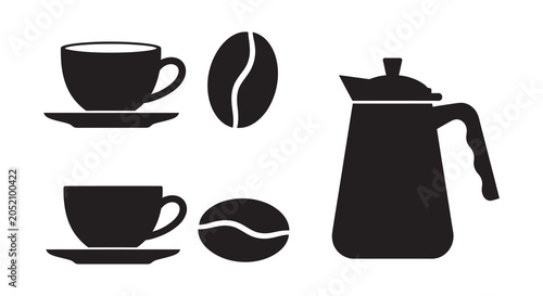 Cuadro en lienzo Coffee Cup Coffee Bean And Pitcher Silhouettes On White Background