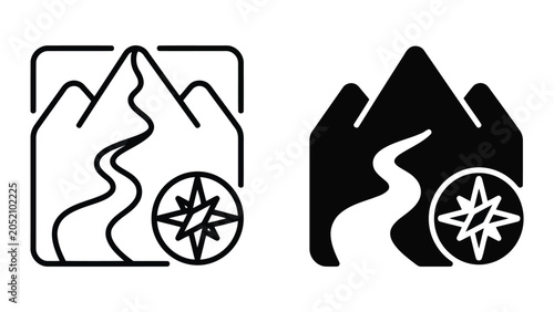 Mountain hiking trail icon set with compass navigation tool in line art and solid black fill variations for outdoor travel
