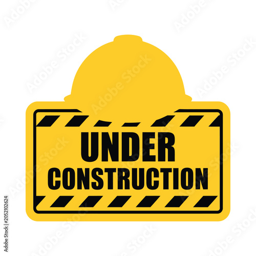 Yellow under construction sign with a hard hat illustration safety warning