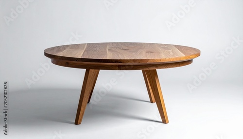 A stylish wooden coffee table with three legs on a plain white background indoors.