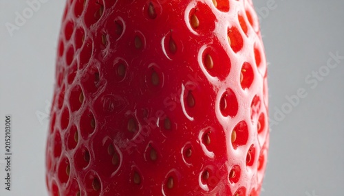 A vibrant red strawberry with seeds is shown up close on a plain background